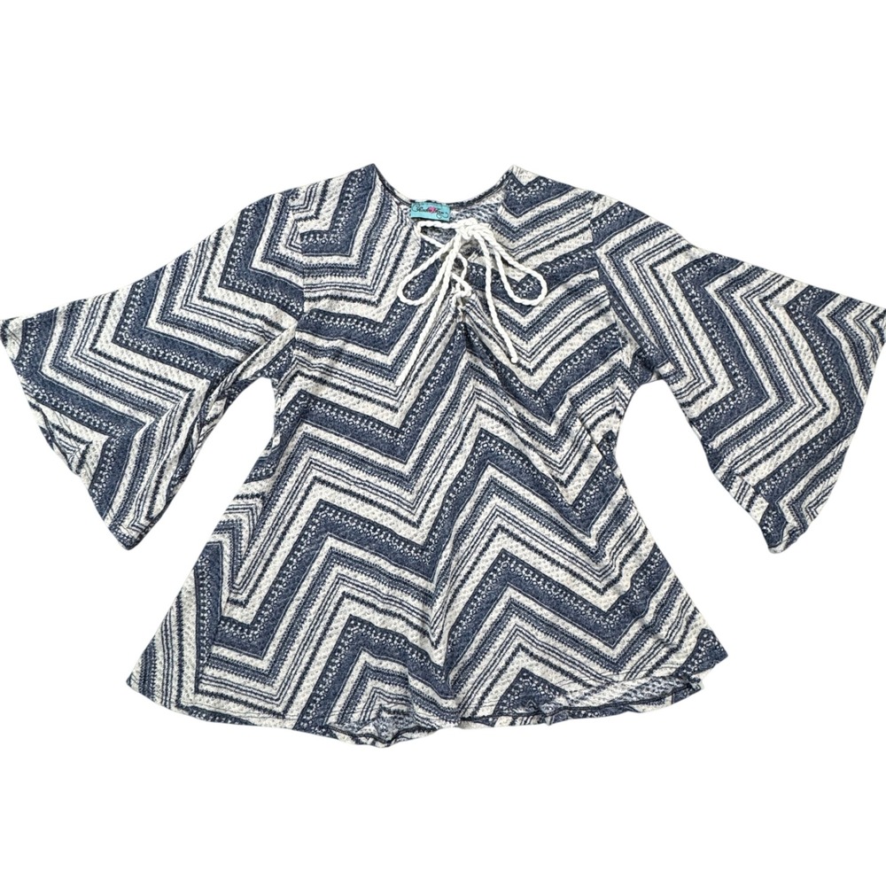 Rodeo Fox Womens Blue White Chevron Lace Up Bell Sleeve Boho Tunic Top‎